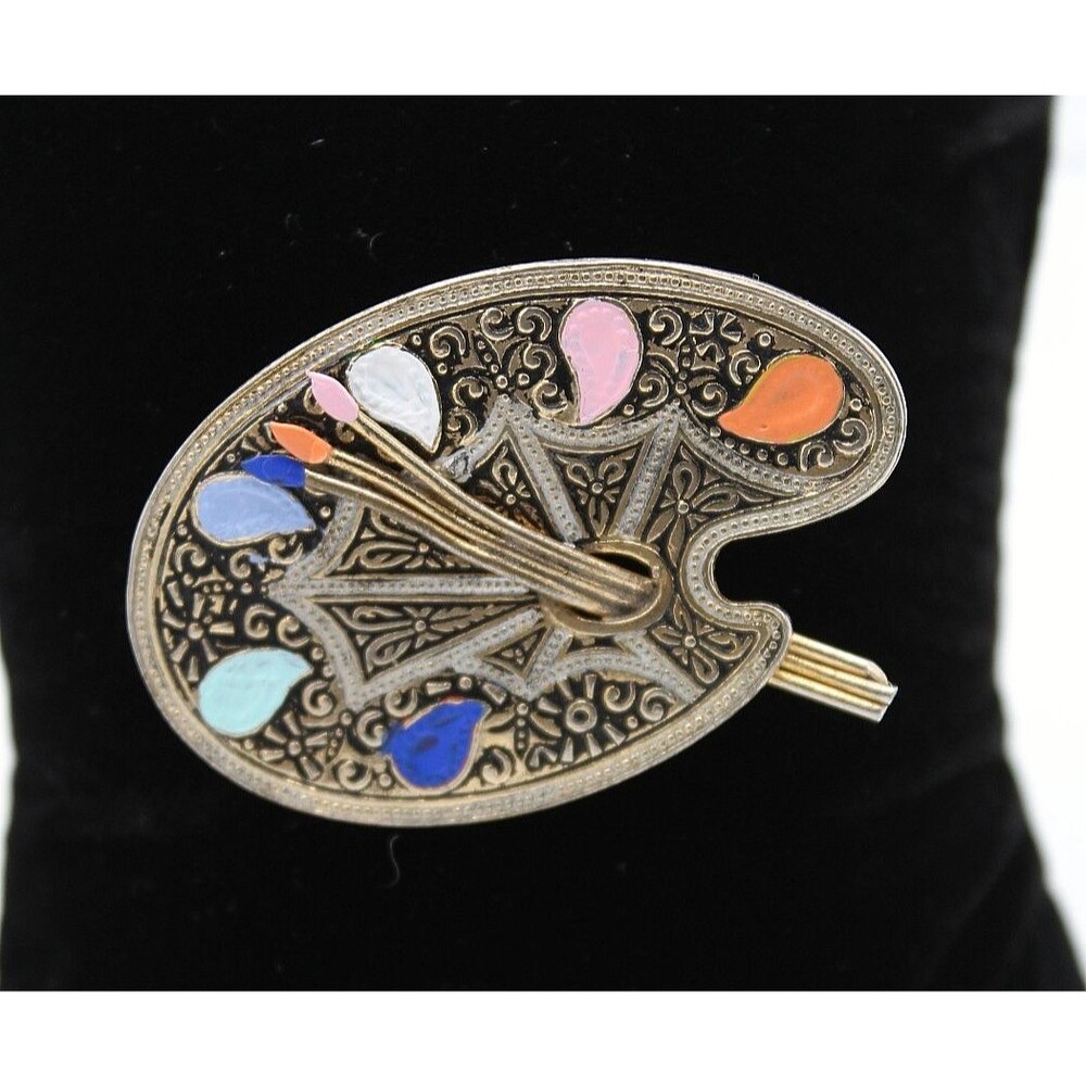 Vintage Gold Tone Artist Palette Enamel Pin Brooch Paint Brushes 9g